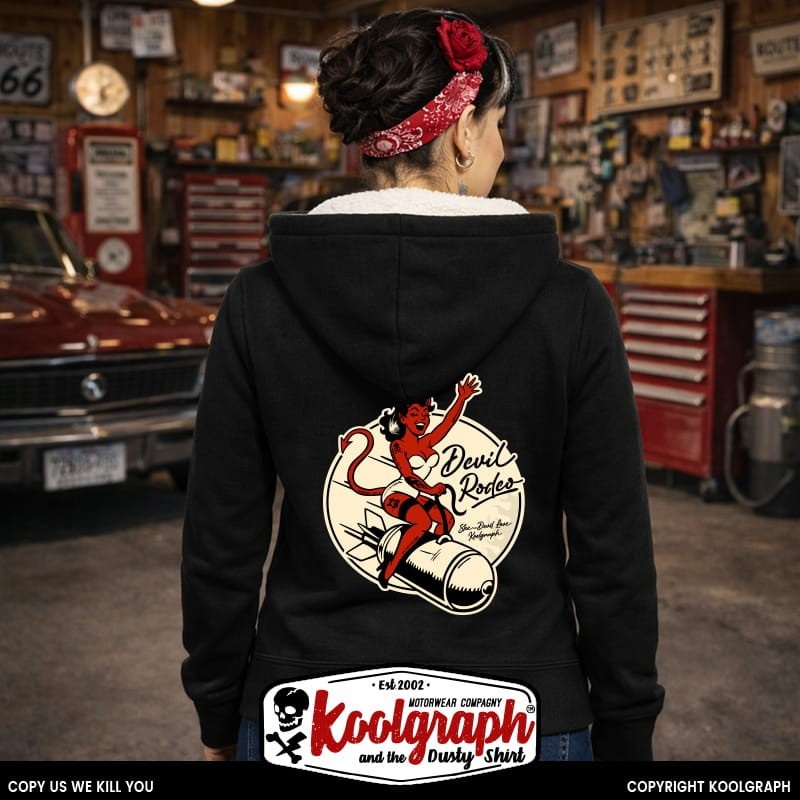une veste capuche  sherpa kustom kulture rockabilly tshirt femme koolgraph  diablesse pinup coop art devil