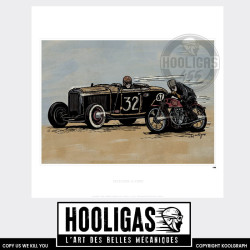 hooligas 455 reproductions signées art automobile moto artiste  Affiche art Excelsior Motorcycle vs Hot rod Ford