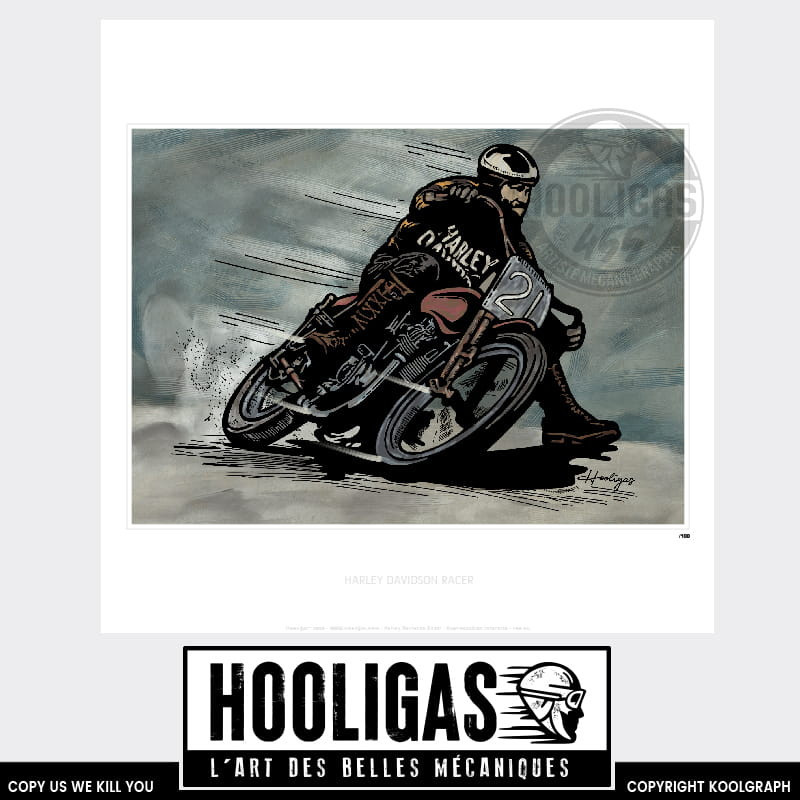 hooligas 455 reproductions signées art automobile moto artiste  Affiche art Flat Track Harley Davidson