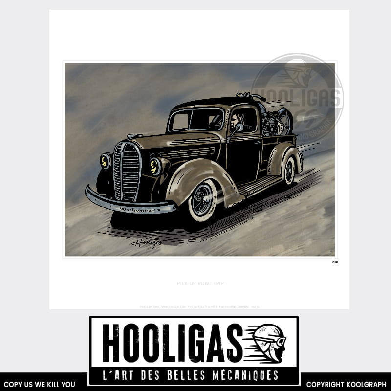 Pick up Ford with Motorcycle hooligas 455 reproductions signées art automobile moto artiste  Affiche art
