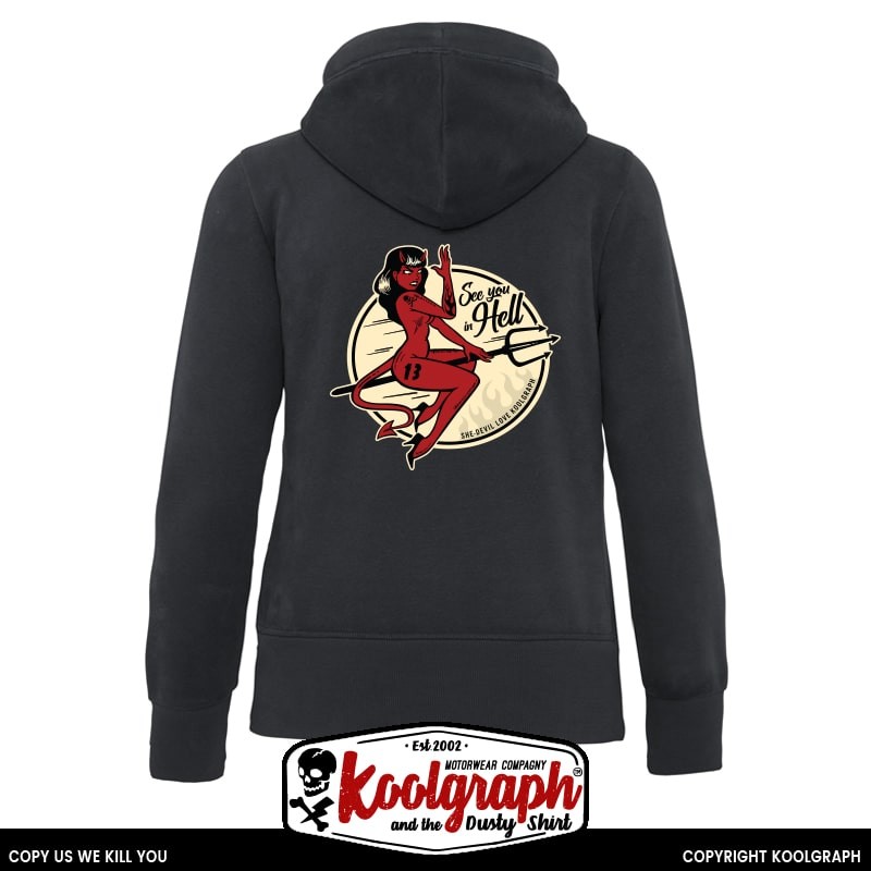 une veste capuche zippée kustom kulture rockabilly tshirt femme koolgraph pin up devil diablesse